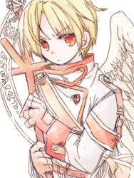 1boy angel_wings angry archangel_(baroque) baroque_(series) blonde_hair cross gloves holding holding_cross red_eyes red_gloves robe tbing1 white_robe white_wings wings