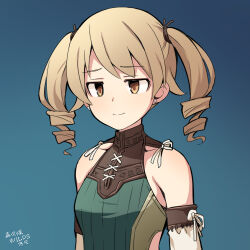 Rule 34 | 1girl, bare shoulders, blue background, breasts, brown eyes, brown hair, closed mouth, detached sleeves, gradient background, green shirt, idolmaster, idolmaster cinderella girls, monster hunter (series), monster hunter wilds, morikubo nono, ringlets, shirt, small breasts, solo, twintails, uccow, upper body, white sleeves