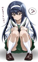 1girl ? absurdres black_hair black_neckerchief blouse brown_eyes brown_shoes closed_mouth full_body girls_und_panzer green_skirt hairband highres light_frown loafers long_hair long_sleeves looking_at_viewer miniskirt neckerchief ooarai_school_uniform pleated_skirt reizei_mako sailor_collar school_uniform serafuku shirt shoes skirt socks solo spoken_question_mark squatting translated white_background white_hairband white_sailor_collar white_shirt white_socks zaofeng