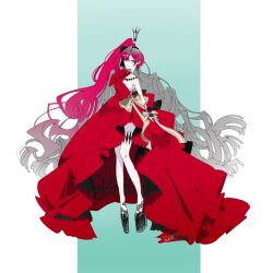 1girl baobhan_sith_(exhibition_attire)_(fate) baobhan_sith_(fate) baobhan_sith_(swimsuit_pretender)_(third_ascension)_(fate) breasts crown dress earrings fate/grand_order fate_(series) full_body grey_eyes hair_ribbon highres jewelry long_hair looking_at_viewer pink_hair platform_heels pointy_ears red_dress ribbon side_ponytail solo torikai18