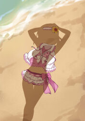 absurdres beach bikini box_wonderland commentary dressed_shadow_(meme) female_pov hair_ornament highres implied_nudity love_live! love_live!_school_idol_project medium_hair meme nishikino_maki ocean outdoors pov sand shadow solo swimsuit unworn_bikini unworn_clothes unworn_hair_ornament
