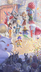 2others 5boys 6+girls absurdres adelbert_steiner baku_(ff9) beard beatrix_(ff9) blank_(ff9) bow chef_hat cinna_(ff9) company_name confetti copyright_notice eiko_carol eyepatch facial_hair final_fantasy final_fantasy_ix freija_crescent frog garnet_til_alexandros_xvii glowing glowing_eyes hair_bow hat highres horns ishihata_yuuya long_tongue marcus_(ff9) moogle multiple_boys multiple_girls multiple_others official_art quina_quen ruby_(ff9) salamander_coral single_horn tongue vivi_ornitier whiskers wizard_hat zidane_tribal