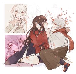 1boy 1girl ahoge alternate_costume beidou_(genshin_impact) black_skirt brown_hair chinese_clothes couple eyepatch flower full_body genshin_impact hair_between_eyes hair_flower hair_ornament hetero highres japanese_clothes kaedehara_kazuha kasep long_hair male_focus multicolored_hair red_eyes red_hair red_scarf red_shirt scarf shirt simple_background sitting skirt smile streaked_hair white_background white_hair
