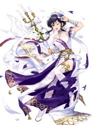 Rule 34 | 1girl, black hair, breasts, bridal veil, candle, candlestand, cleavage, damaged, dress, fire emblem, fire emblem: genealogy of the holy war, fire emblem heroes, high heels, highres, holding, holding candle, larcei (bride) (fire emblem), larcei (fire emblem), long hair, medium breasts, nintendo, non-web source, official alternate costume, official art, one eye closed, open mouth, pelvic curtain, purple dress, purple eyes, short hair, short hair with long locks, solo, thighhighs, torn clothes, torn dress, two-sided dress, two-sided fabric, veil, very long hair, white dress