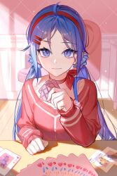 1girl artist_request bad_source blue_eyes blue_hair bow bow_choker breasts card choker day elbow_on_table hair_ornament hairband hairclip hand_on_table highres holding holding_card indoors light_smile long_hair long_sleeves looking_at_viewer miside mita_(miside) official_art playing_card pov pov_across_table red_shirt shadow shirt sitting solo table twintails upper_body wooden_floor