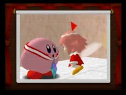 1990s_(style) 3d animated animated_gif fairy kirby kirby_(series) kirby_64 kiss lowres nintendo ribbon_(kirby) surprised