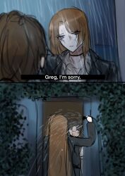 1boy 1girl blue_eyes brown_hair english_text glasses gregor_(project_moon) hose limbus_company long_hair meme nose project_moon ratarataratania rodion_(project_moon)