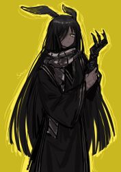 Rule 34 | 1girl, animal ears, black hair, black hanfu, chinese clothes, claws, dark-skinned female, dark skin, grey scarf, hanfu, highres, limbus company, long hair, long sleeves, looking at viewer, one eye covered, project moon, rabbit ears, rabbit girl, scar, scarf, shan23852196, simple background, solo, standing, yellow background, yellow eyes, zilu (project moon)