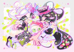 2girls absurdly_long_hair black_dress black_hair black_haori black_shoes border bow-shaped_hair breasts callie_(alterna)_(splatoon) callie_(splatoon) cat cross-shaped_pupils dress earrings full_body geta grey_border grey_hair grey_kimono grey_pupils haori highres inkling japanese_clothes jewelry judd_(splatoon) kimono long_hair long_pointy_ears looking_at_viewer marie_(kimono)_(splatoon) marie_(splatoon) mole mole_under_eye multiple_girls nintendo obi obiage obijime octarian_(enemy) octotrooper official_alternate_costume one_eye_closed open_mouth orange_eyes pantyhose pointy_ears print_kimono sample_watermark sash seigaiha shoes short_hair small_breasts smile splatoon_(series) splatoon_2 splatoon_3 strapless strapless_dress swept_bangs symbol-shaped_pupils tabi tentacle_hair twintails very_long_hair watermark white_background white_pantyhose xiaoyunatie