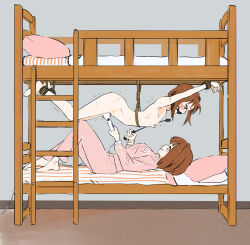 2girls absurdres artist_name ball_gag barefoot bdsm bed blush bondage bound breasts brown_eyes brown_hair bunk_bed clothed_female_nude_female commentary commission completely_nude english_commentary eudetenis femdom from_side futaba_(pretzelfan) gag gagged grin hair_ornament hairclip highres hitachi_magic_wand ichika_(pretzelfan) incest indoors ladder long_sleeves looking_at_another lying multiple_girls nipples nude on_back original pajamas pants pillow pink_pajamas pink_pants restrained riding_crop rope second-party_source sex_toy short_hair siblings sisters small_breasts smile stationary_restraints suspension trembling twins vibrator whip_marks yuri