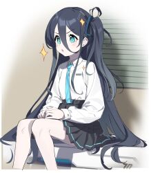 1girl 2t_(vmyz7342) absurdly_long_hair absurdres aris_(blue_archive) black_hair black_hairband black_skirt blue_archive blue_eyes blue_necktie blush collared_shirt feet_out_of_frame hairband highres long_hair long_sleeves necktie one_side_up parted_lips pleated_skirt shirt sitting skirt solo very_long_hair white_shirt window_blinds