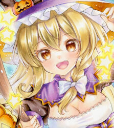 1girl alternate_costume blonde_hair blush bow braid breasts broom cleavage commentary hair_bow halloween_costume hat jack-o&#039;-lantern_hat_ornament kirisame_marisa large_breasts looking_at_viewer nekofish666 open_mouth orange_eyes side_braid single_braid smile solo star_(symbol) touhou traditional_media twitter_username white_bow witch_hat