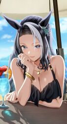1girl alternate_costume animal_ears arm_support bare_shoulders beach_umbrella bikini black_bikini black_hair blue_sky blush bracelet breasts cleavage day drinking_straw ear_ornament flower glass gold_bracelet grey_eyes hair_between_eyes head_rest hibiscus highres horse_ears horse_girl horse_tail jewelry large_breasts matuda_(matudayazo) mejiro_ramonu_(umamusume) multicolored_hair necklace outdoors shadow short_hair sky smile solo streaked_hair swimsuit table tail umamusume umbrella white_hair wooden_table