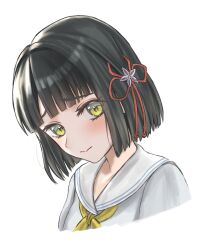 Rule 34 | 1girl, absurdres, black hair, blunt bangs, blunt ends, blush, bob cut, closed mouth, commentary, cropped shoulders, dress, flower, flower knot, frown, green eyes, grey dress, hair flower, hair ornament, hasu no sora school uniform, highres, link! like! love live!, looking at viewer, love live!, momose ginko, neckerchief, pink flower, ponyou1030, raised inner eyebrows, sailor collar, sailor dress, school uniform, short hair, simple background, solo, summer uniform, virtual youtuber, white background, white sailor collar, yellow neckerchief