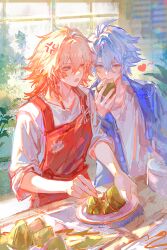 2boys absurdres alternate_costume anger_vein antenna_hair apron blonde_hair blue_eyes blue_jacket braid chinese_commentary commentary_request eating facial_tattoo food gradient_hair hair_between_eyes heart highres holding holding_food holding_plate honkai:_star_rail honkai_(series) implied_yaoi jacket male_focus medium_hair multicolored_hair multiple_boys mydei_(honkai:_star_rail) open_clothes open_jacket open_mouth phainon_(honkai:_star_rail) plate red_apron red_hair red_tattoo shirt short_hair side_braid sleeves_rolled_up tattoo white_hair white_shirt yaoi yellow_eyes yuqiu777