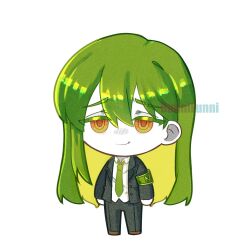 Rule 34 | 1boy, armband, black jacket, black pants, chibi, collared shirt, dress shirt, full body, funnibunni, green armband, green hair, green necktie, highres, jacket, lobotomy corporation, long hair, long sleeves, looking at viewer, male focus, necktie, netzach (project moon), orange eyes, pants, project moon, shirt, simple background, solo, standing, white background, white shirt