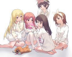 Rule 34 | 5girls, alternate hairstyle, bare legs, barefoot, black hair, blonde hair, blue eyes, bow hairband, braid, braiding hair, brown hair, collared shirt, commentary request, hairband, hairdressing, heart, heart-shaped pillow, highres, holding, holding pillow, hugging object, labixiaohua, long hair, long sleeves, looking at another, misaka mikoto, multiple girls, pillow, pillow hug, saten ruiko, shirai kuroko, shirt, shokuhou misaki, short hair, smile, socks, sparkling eyes, striped clothes, striped socks, stuffed animal, stuffed dog, stuffed toy, toaru kagaku no railgun, toaru majutsu no index, twin braids, uiharu kazari, white background, white hairband, white shirt, yellow eyes