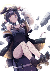 1girl absurdres adjusting_eyewear animal_ears black_hair blue_archive breasts dog_ears fishnet_legwear fishnet_pantyhose fishnets full_body goggles goggles_on_head hibiki_(blue_archive) highres jacket looking_at_viewer low_twintails off_shoulder pantyhose purple_eyes short_shorts shorts simple_background sitting sleeveless small_breasts solo tokorinowa twintails white_background