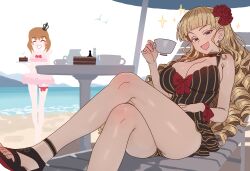 2girls :d absurdres ass beach_chair beach_umbrella beatrice_(umineko) blonde_hair blue_eyes blush_stickers bow breasts brown_hair cake cake_slice cleavage commentary crossed_legs crown cup ebora english_commentary feet flower food foot_out_of_frame hair_flower hair_ornament highres holding holding_cup holding_plate large_breasts legs long_hair mini_crown multiple_girls one-piece_swimsuit open_mouth pink_one-piece_swimsuit plate red_bow red_flower red_rose revision rose sandals sitting smile striped_clothes swimsuit teacup thigh_strap toenails toes umbrella umineko_no_naku_koro_ni ushiromiya_maria vertical-striped_clothes wrist_bow
