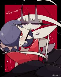 a-nya alternate_color antennae artist_name black_dress blue_hair blush bob_cut colored_skin dress food food_in_mouth gardevoir gen_3_pokemon gen_7_pokemon hair_over_one_eye highres mega_gardevoir mega_pokemon multicolored_skin nintendo pheromosa pocky pocky_in_mouth pokemon pokemon_(creature) purple_eyes shiny_pokemon simple_background sweatdrop two-tone_background ultra_beast white_skin