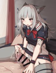 1boy 1girl absurdres after_handjob alternate_costume animal_ear_fluff animal_ears arknights bad_id bad_pixiv_id bar_censor bed black_nails blush bow breasts censored clothed_female_nude_male clothed_sex cum cum_string female_pubic_hair fox_ears fox_girl fox_tail frostleaf_(arknights) hand_on_another&#039;s_penis heart heavy_breathing hetero highres indoors large_penis long_hair material_growth nail_polish nude on_bed open_mouth oripathy_lesion_(arknights) penis pubic_hair red_bow red_eyes short_sleeves sidelocks silver_hair small_breasts straddling tail thighhighs togekk0 window window_blinds