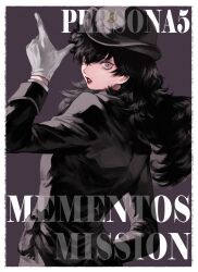 1boy amamiya_ren black_hat black_jacket border collared_shirt copyright_name crossdressing from_behind gloves grey_eyes hair_between_eyes hand_up hat highres jacket lips long_hair looking_at_viewer male_focus official_alternate_costume parted_lips persona persona_5 persona_5:_dancing_star_night persona_dancing police police_hat police_uniform purple_background saichuu_(more1208) shirt short_sleeves simple_background solo trap upper_body wavy_hair white_border white_gloves