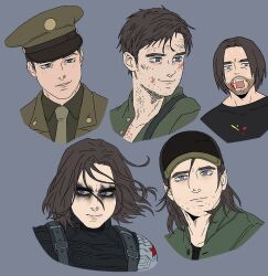 1boy black_bodysuit black_hat black_shirt blood blood_on_face blue_eyes blush bodysuit brown_hair brown_hat brown_jacket brown_necktie bucky_barnes buttons captain_america:_civil_war captain_america:_the_first_avenger captain_america:_the_winter_soldier captain_america_(series) closed_mouth collarbone collared_shirt commentary english_commentary facial_hair floating_hair food food_on_face green_jacket green_shirt grey_background hair_between_eyes hat highres injury jacket lapels looking_afar looking_at_viewer male_focus marvel marvel_cinematic_universe messy_hair military_hat military_jacket military_uniform multiple_persona multiple_views necktie open_mouth prosthesis prosthetic_arm shirt short_hair simple_background slysia smile star_(symbol) sweat t-shirt teeth thunderbolts_(movie) upper_body visor_cap winter_soldier