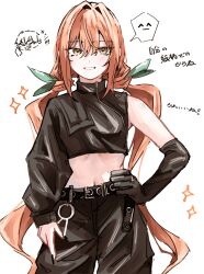 1girl absurdres aijou_rentarou alternate_costume asymmetrical_clothes belt black_belt black_jacket black_nails black_pants commentary_request cowboy_shot cropped_jacket gloves green_ribbon grin hair_between_eyes hair_intakes hair_ribbon hand_on_own_hip highres inda_karane jacket kimi_no_koto_ga_dai_dai_dai_dai_daisuki_na_100-nin_no_kanojo long_hair looking_at_viewer low_twintails midriff nail_polish orange_hair pants ribbon simple_background single_glove single_sleeve smile solo sparkle spoken_expression translation_request twintails ume_ao very_long_hair white_background yellow_eyes