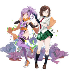 2girls bare_shoulders black_leotard black_socks blonde_hair blush bright_pupils brown_eyes brown_hair brown_shoes closed_mouth colored_inner_hair commentary_request full_body green_skirt japanese_clothes kimono kneehighs koga_konoha kuji-in kunai kusagakure_satoko leotard leotard_under_clothes loafers long_hair looking_at_viewer miniskirt multicolored_hair multiple_girls necktie ninja ninja_to_koroshiya_no_futarigurashi nyoro_(nyoronyoro000) orange_scarf orange_shoes pelvic_curtain pleated_skirt purple_hair purple_kimono purple_thighhighs red_necktie scarf shirt shoes short_hair shuriken_hair_ornament sideless_kimono simple_background skirt smile socks standing standing_on_one_leg thighhighs thighs weapon weapon_in_garters white_background white_pupils white_shirt