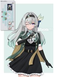 1girl absurdres aqua_background belt black_belt black_dress black_gloves black_hairband breasts caelus_(honkai:_star_rail) commentary_request cowboy_shot dress firefly_(honkai:_star_rail) firefly_(jepella_rebellion)_(honkai:_star_rail) frilled_dress frills gloves grey_hair grin hair_between_eyes hair_intakes hair_ornament hairband highres holding honkai:_star_rail honkai_(series) klashikari long_hair looking_at_viewer medium_breasts official_alternate_costume one_eye_closed pink_eyes sam_(honkai:_star_rail) short_sleeves simple_background sky smile solo stelle_(honkai:_star_rail) text_messaging trailblazer_(honkai:_star_rail)
