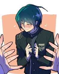 1boy ahoge black_hair black_jacket blush brown_background brown_eyes buttons danganronpa_(series) danganronpa_v3:_killing_harmony green_hair hair_between_eyes highres jacket long_sleeves male_focus pov pov_hands saihara_shuichi short_hair smile solo_focus striped_clothes upper_body youko-shima