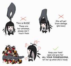 1girl arknights black_hair checkmark chibi commentary detached_wings disembodied_hand energy_wings english_commentary english_text heart how_to_hold_x_(meme) kazoo_00 lifting_person long_hair meme mini_person minigirl mole mole_under_eye multiple_views musical_note orundum_(arknights) simple_background very_long_hair virtuosa_(arknights) white_background wings x