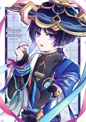 Rule 34 | 1boy, anemo symbol (genshin impact), armor, black bodysuit, black bow, black bridal gauntlets, blue gemstone, blue hat, blue kimono, blunt ends, bodysuit, border, bound, bound wrists, bow, bridal gauntlets, cape, checkered background, covered collarbone, dated, eyeliner, eyeshadow, furisode, gem, genshin impact, gold, gold ring, happy birthday, hat, highres, japanese armor, japanese clothes, jingasa, juban, kimono, kote, kurokote, light frown, looking at viewer, makeup, male focus, mandarin collar, middle ring, natuo e, open clothes, open kimono, open mouth, own hands together, purple border, purple cape, purple eyes, purple hair, purple rope, purple sash, red eyeliner, red eyeshadow, rope, sash, scaramouche (genshin impact), shoulder peek, solo, tsurime, vision (genshin impact), wanderer (genshin impact), watermark, white border, white kimono, white trim