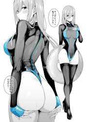 1girl ass ass_support breasts chicke_iii commentary go-toubun_no_hanayome greyscale hair_between_eyes highleg highleg_one-piece_swimsuit highres holding holding_swim_ring innertube large_breasts long_hair long_hair_between_eyes monochrome multiple_views nakano_miku one-piece_swimsuit sleeved_one-piece_swimsuit speech_bubble swim_ring swimsuit symbol-only_commentary thighhighs translation_request white_background