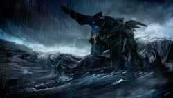 alien boat colored_skin epic glowing glowing_eyes glowing_mouth glowing_veins kaiju knifehead legendary_pictures lightning neon_trim no_humans ocean pacific_rim rain realistic sea_monster size_difference solo storm tommaso_renieri veins watercraft waves