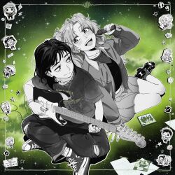 4boys 6+girls :d apron band_shirt beanie bracelet brothers cd_case chibi chibi_inset chizuru_(kininatteru_hito_ga_otoko_ja_nakatta) commentary converse dream_widow ear_piercing eighth_note electric_guitar full_body greyscale_with_colored_background guitar hasegawa_hime hat headphones headscarf highres holding holding_microphone indian_style inset_border instrument jacket jewelry jnpz joe_(kininatteru_hito_ga_otoko_ja_nakatta) kanna_(kininatteru_hito_ga_otoko_ja_nakatta) kininatteru_hito_ga_otoko_ja_nakatta koga_mitsuki lightning_bolt_symbol long_hair looking_at_another mao_(kininatteru_hito_ga_otoko_ja_nakatta) media_player_interface merchandise microphone miniskirt mole mole_under_eye mother_and_son multiple_boys multiple_girls music musical_note nail_polish narita_kei necklace nirvana_(band) oosawa_aiko oosawa_aki oosawa_amu oosawa_aya open_clothes open_jacket open_mouth pants piercing playing_guitar playing_instrument ring shirt shoes short_hair short_sleeves siblings sitting skirt sky smile sneakers socks star_(sky) star_(symbol) starry_sky sweater t-shirt teeth the_strokes the_white_stripes tomboy torn_clothes torn_pants twitter_username unicursal_hexagram vinyl_record waveform yamaha yamaha_pacifica