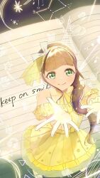 1girl absurdres blunt_bangs blush brown_hair closed_mouth clothing_cutout commentary_request doodle_inset dress egao_no_promise english_text frilled_gloves frills full_body gloves green_eyes hair_over_shoulder highres kiin_(kiin_00) lined_paper long_hair looking_at_viewer love_live! love_live!_superstar!! low_ponytail low_side_ponytail notebook official_alternate_costume official_alternate_hairstyle open_hands ponytail sakurakoji_kinako shoulder_cutout smile solo standing tokyo_tower white_gloves yellow_dress