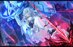 1girl absurdres bare_shoulders black_gloves breasts bronya_zaychik bronya_zaychik_(silverwing:_n-ex) cleavage dress drill_hair geez gloves grey_eyes grey_hair gun hair_between_eyes highres holding holding_gun holding_weapon honkai_(series) honkai_impact_3rd large_breasts long_hair looking_at_viewer thighhighs thighs weapon white_background white_dress