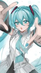 1girl absurdres adapted_costume aegyo_sal aqua_eyes aqua_hair aqua_nails aqua_necktie aqua_trim arms_up bare_shoulders black_skirt black_sleeves blurry blurry_foreground blush bubble commentary_request detached_sleeves double-parted_bangs finger_frame foreshortening frilled_shirt frills from_above hair_between_eyes hair_ornament halftone halftone_background hatsune_miku highres long_hair long_sleeves looking_at_viewer nail_polish necktie open_mouth outstretched_arms shirt simple_background skirt sleeveless sleeveless_shirt solo sparkle tanoki233 tie_clip tongue tongue_out twintails very_long_hair vocaloid white_background white_shirt