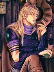 1boy artist_name beard belt blonde_hair bottle brown_hat brown_pants commentary elbow_gloves english_text facial_hair glass gloves golden_tooth green_eyes grey_belt gyro_zeppeli hand_up hashtag-only_commentary hat henoopd highres holding holding_unworn_clothes holding_unworn_hat indoors jojo_no_kimyou_na_bouken knee_up lips long_hair looking_at_viewer male_focus pants parted_lips purple_gloves purple_shirt saloon shirt short_sleeves solo steel_ball_run symbol-only_commentary toned toned_male unworn_hat unworn_headwear upper_body