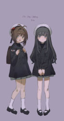 2girls :d absurdres antenna_hair backpack bag black_coat black_hair black_shoes blush brown_bag brown_hair buttons cardcaptor_sakura catzz closed_mouth coat commentary_request daidouji_tomoyo double-breasted full_body green_eyes grey_eyes grey_skirt hair_bobbles hair_intakes hair_ornament hat highres kinomoto_sakura long_hair long_sleeves looking_at_viewer mary_janes multiple_girls open_mouth purple_background school_uniform shoes short_hair simple_background skirt smile socks standing tomoeda_middle_school_uniform v_arms white_hat white_socks