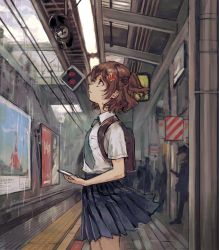 1girl aijou_karen aqua_necktie backpack bag blue_skirt breast_pocket brown_bag brown_eyes brown_hair cellphone closed_mouth collared_shirt cowboy_shot crown_hair_ornament day expressionless from_side hand_up highres holding holding_phone kozukue_(estsuk) looking_away looking_up miniskirt necktie outdoors people phone pleated_skirt pocket poster_(object) profile rain school_bag school_uniform shirt shirt_tucked_in short_hair short_sleeves shoujo_kageki_revue_starlight skirt smartphone solo_focus standing traffic_light train_station train_station_platform white_shirt