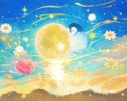 2025 animal animal_focus bird closed_eyes closed_mouth flower moon night no_humans original penguin penpen_(pencopeco) pink_flower pink_rose rose standing star_(sky) water white_flower yellow_flower