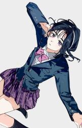 1girl alien_stage black_socks blazer blue_jacket bow bowtie chinese_commentary cidao84194 collared_shirt commentary hair_ornament hairband hairclip highres jacket long_sleeves official_alternate_costume parted_lips pink_bow pink_bowtie purple_skirt school_uniform shirt short_hair simple_background skirt socks solo sua_(alien_stage) white_background white_hairband white_shirt