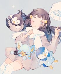1girl :3 alternate_color beanie bird black_hair blue_background blue_fur closed_eyes coat creatures_(company) dawn_(pokemon) drooling game_freak gen_4_pokemon grey_coat grey_eyes hat long_sleeves looking_at_viewer lying nintendo on_back one_eye_closed penguin piplup pointing pokemon pokemon_(creature) pokemon_dppt pokemon_platinum ryokuno_green scarf shinx simple_background sleeping sparkle starly unworn_hat unworn_headwear white_hat white_scarf