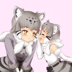 2girls :3 absurdres animal_ears animal_print blush cat_ears cat_girl cat_print closed_eyes fur-trimmed_sleeves fur_collar fur_trim gloves grey_hair grey_sweater hakumaiya heart highres kemono_friends long_sleeves mother_and_child mother_and_daughter multicolored_hair multiple_girls open_mouth pallas&#039;s_cat_(kemono_friends) pallas&#039;s_cat_print shirt short_hair skirt smile spotted_hair striped_tail sweater tail whispering_in_ear white_hair yellow_eyes
