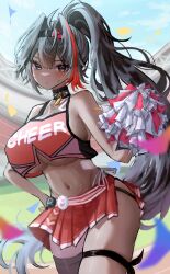 1girl ahoge bay_(nikke) black_eyes black_hair black_thighhighs blush breasts cheerleader collar crop_top dark-skinned_female dark_skin eechuu facial_tattoo goddess_of_victory:_nikke hair_intakes hairband highres large_breasts long_hair looking_at_viewer midriff mole mole_on_breast mole_on_stomach mole_under_mouth multicolored_hair navel pom_pom_(cheerleading) ponytail red_hair red_shirt red_skirt shirt single_thighhigh skirt solo spiked_collar spikes star_tattoo streaked_hair sweatdrop tattoo thigh_strap thighhighs underboob