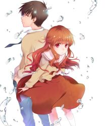 Rule 34 | 1boy, 1girl, blue eyes, blue necktie, blue pants, bow, brown cardigan, brown hair, cardigan, collared shirt, hair between eyes, hair ribbon, hand in pocket, leaning forward, long hair, long sleeves, looking at viewer, misaki juri, nagamori mizuka, necktie, one - kagayaku kisetsu e, orihara kouhei, pants, red eyes, red ribbon, red skirt, ribbon, sailor collar, school uniform, shirt, skirt, socks, water drop, white background, white sailor collar, white shirt, white socks