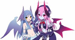 2girls armored_gloves asmodeus_(eco) bare_shoulders beret blue_gloves blue_skin breasts cleavage colored_skin demon_girl demon_horns demon_wings dragon_girl dragon_horns dragon_wings emil_chronicle_online gloves hat highres horns medium_breasts multiple_girls navel red_eyes sora_(snsn_air) white_background wings yellow_eyes