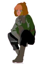 Rule 34 | 1girl, apron, black pants, boots, brown apron, brown boots, brown gloves, cleaver, freckles, full body, gloves, green eyes, green shirt, highres, holding, holding cleaver, invisible chair, ishmael (project moon), ishmael (the pequod) (project moon), limbus company, orange hair, pants, project moon, shirt, short hair, simple background, sitting, solo, white background, yongsadragon